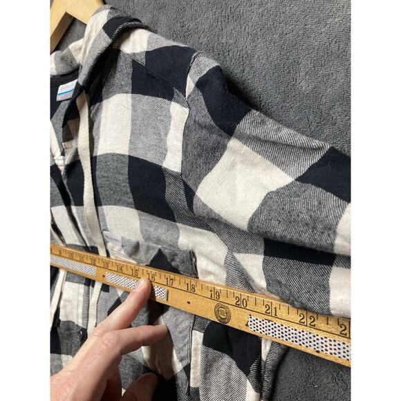 Columbia Hoodie Shirt Woman L Black White Buffalo Check Button Up Stretch Lng Sl - Picture 3 of 6